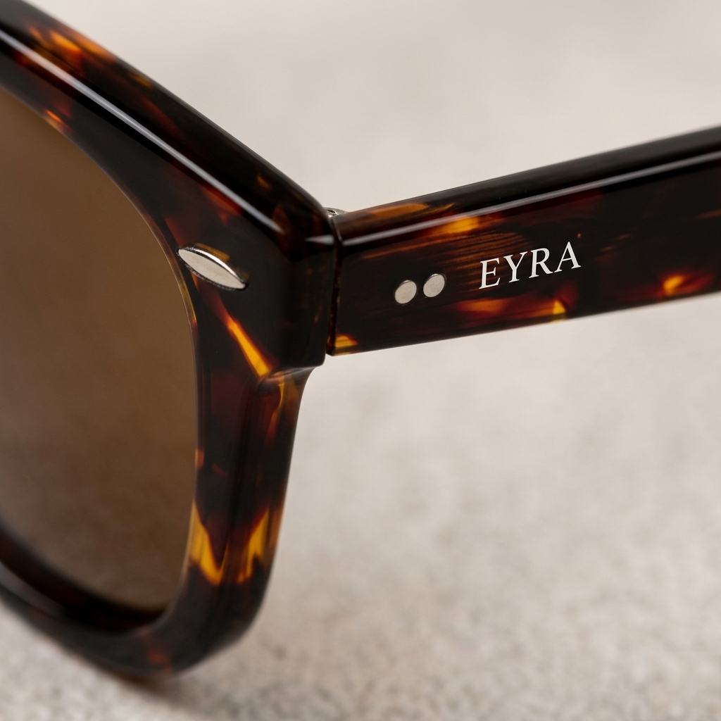 Close‑up of EYRA acetate frame showing premium craftsmanship