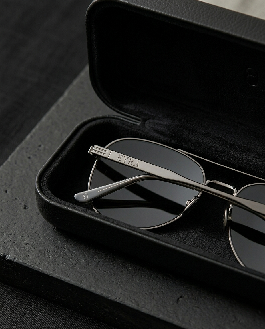 Sunglasses stored safely inside a protective case