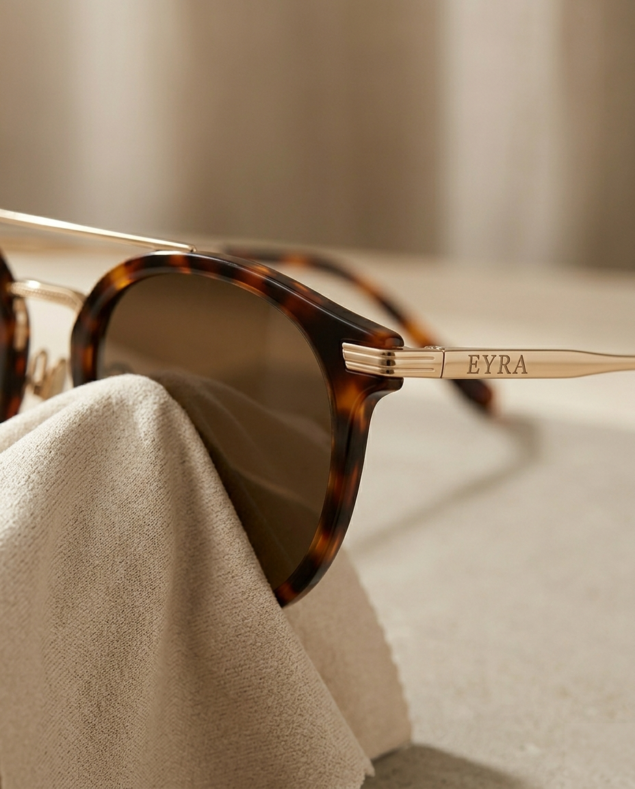 Macro close-up of sunglasses being cleaned with a microfiber cloth