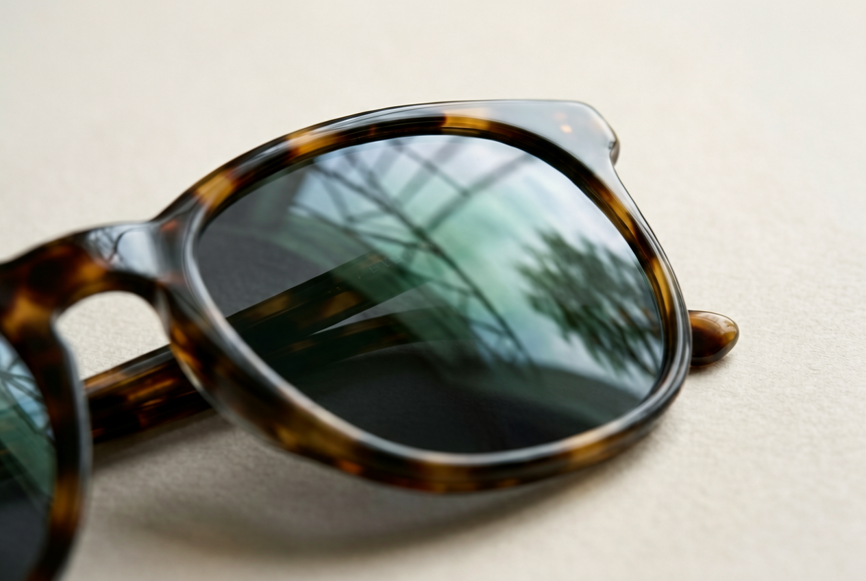 EYRA tortoise sunglasses with green polarized lenses demonstrating advanced anti‑glare and UV protection