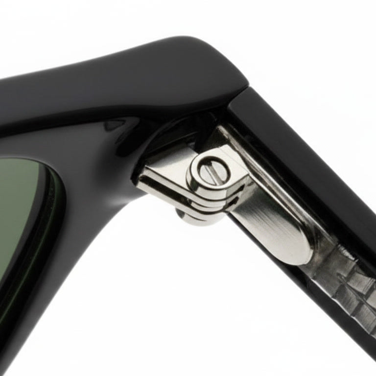Precision hinge detail on EYRA sunglasses frame