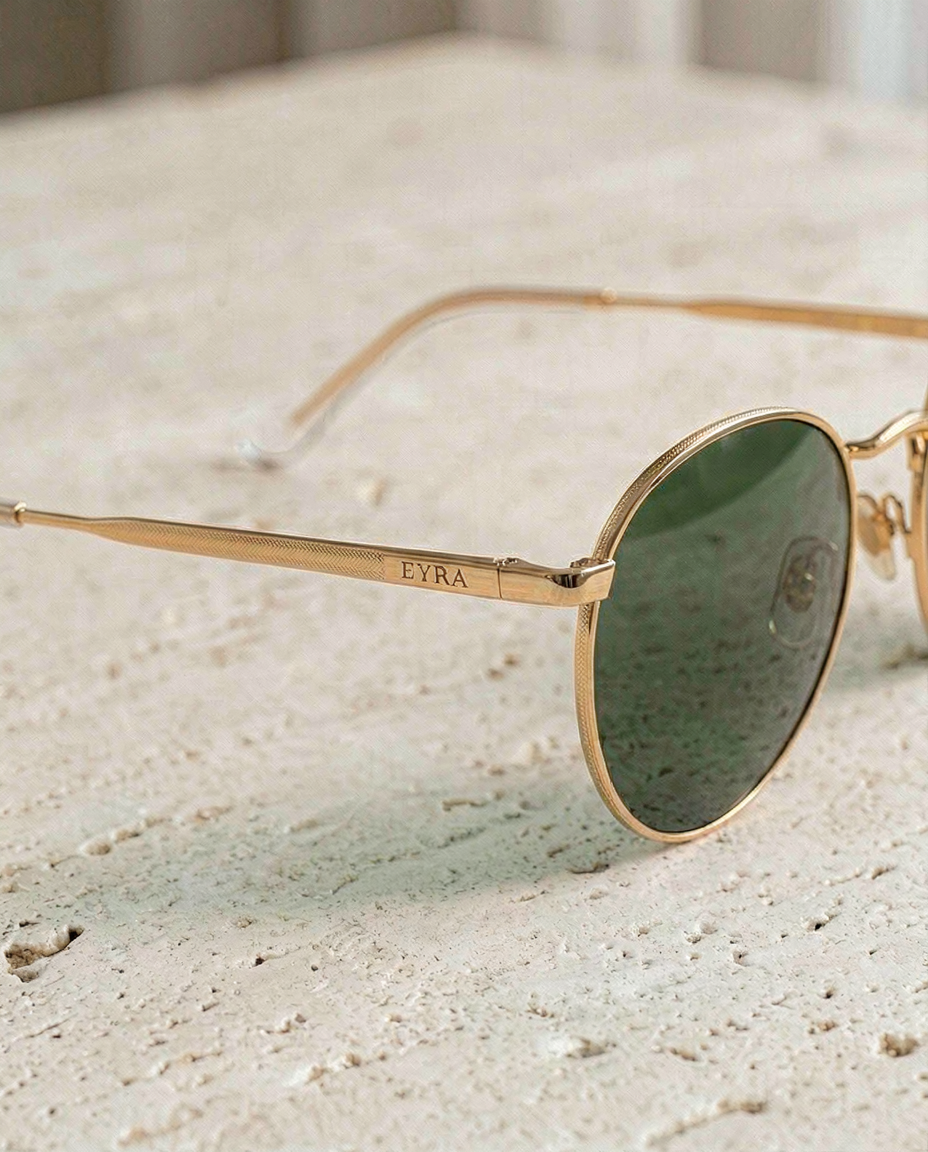 Premium still-life of EYRA sunglasses with engraved temple logo