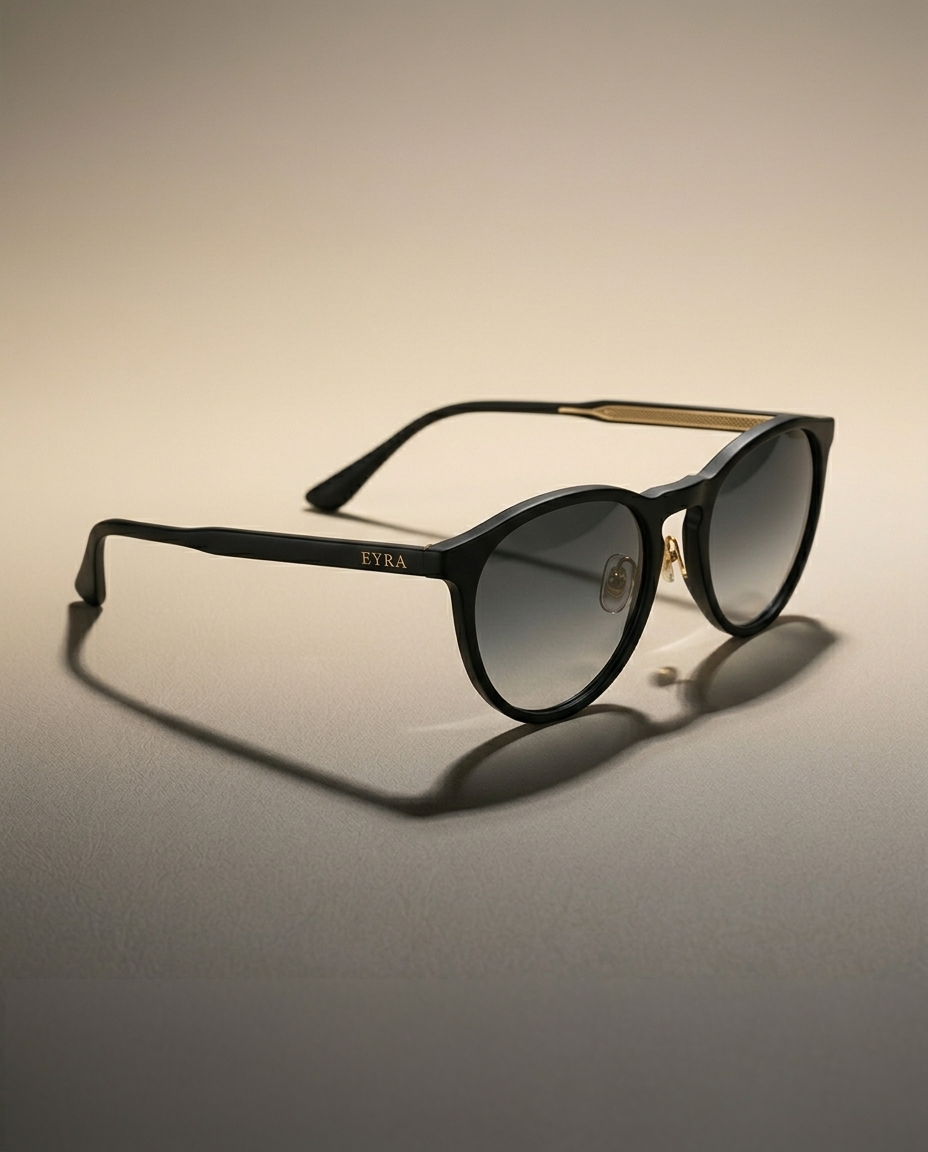 Minimal editorial gradient still-life of EYRA sunglasses
